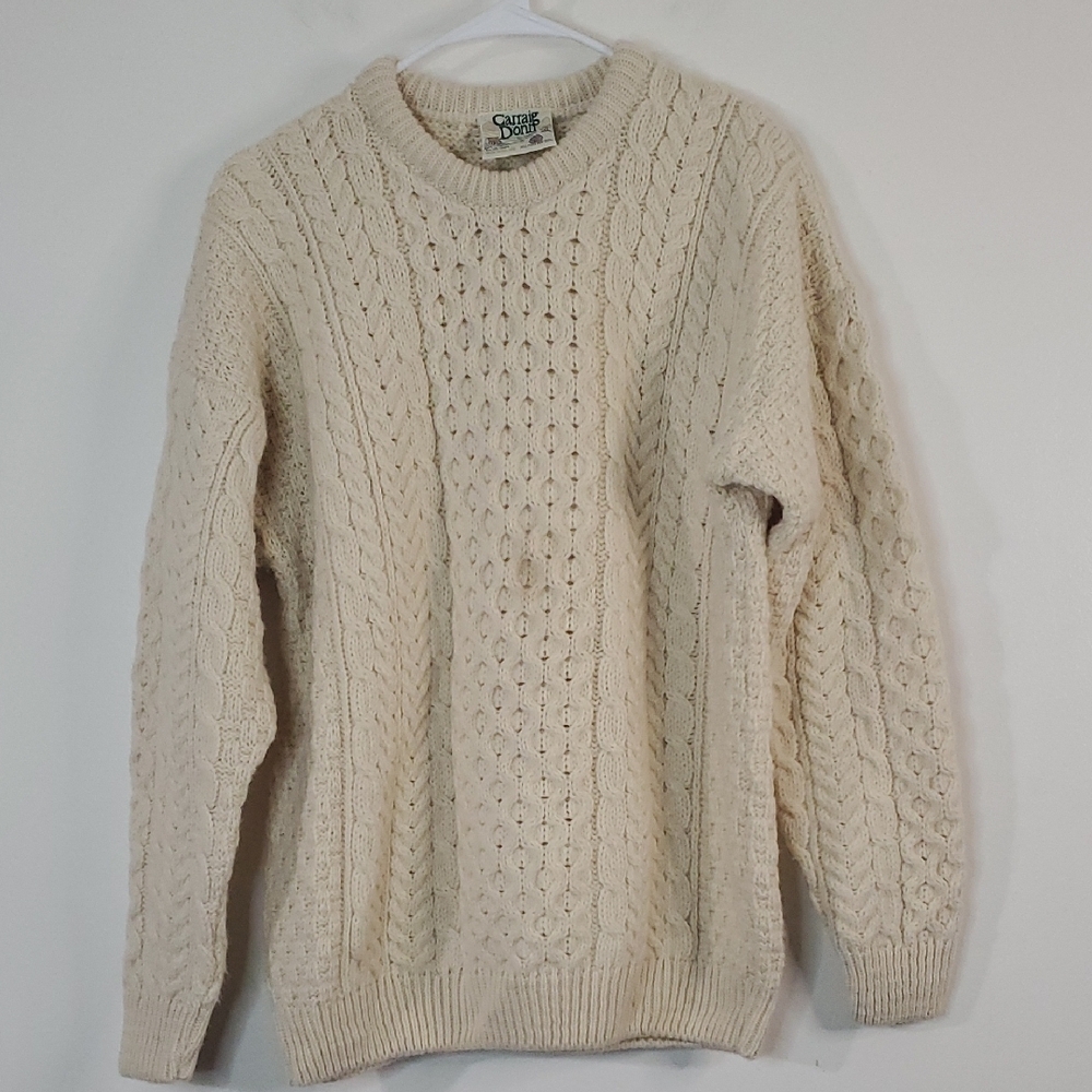 Womens Vintage Wool Aran Chunky Cableknit Fisherman Sweater Size Med Ireland